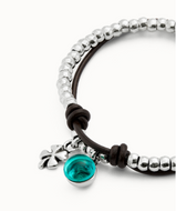 Bracciale UNOde50 a sfere placcate argento Sterling con cuoio e cristallo di Murano verde Ref. PUL2529