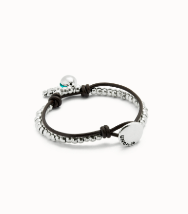 Bracciale UNOde50 a sfere placcate argento Sterling con cuoio e cristallo di Murano verde Ref. PUL2529