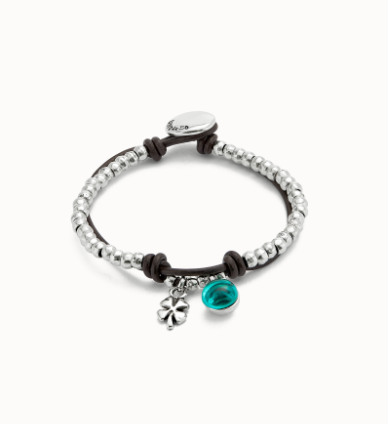 Bracciale UNOde50 a sfere placcate argento Sterling con cuoio e cristallo di Murano verde Ref. PUL2529