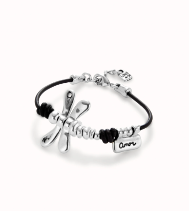 Bracciale UNOde50 di cuoio con libellula placcato argento sterling Ref. PUL2479