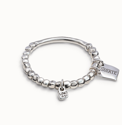 Bracciale UNOde50 di perline, elemento tubolare e piastrina con messaggio placcato argento Ref. PUL1210
