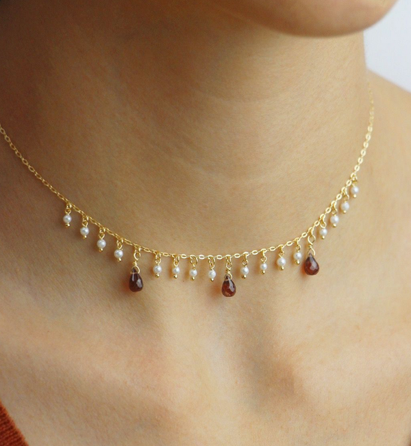 Collana girocollo Maman et Sophie argento giallo perle e granato Ref. ghframp3gr