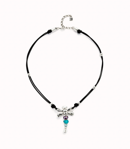 Collana UNOde50 di cuoio e libellula placcata argento sterling con cristalli Ref. COL1959