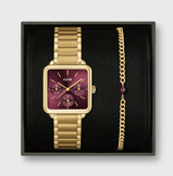 Orologio CLUSE Gift Box La Tétragone Multifunction Watch Steel, Dark Cherry & Bead Bracelet, Gold Colour  CG13801