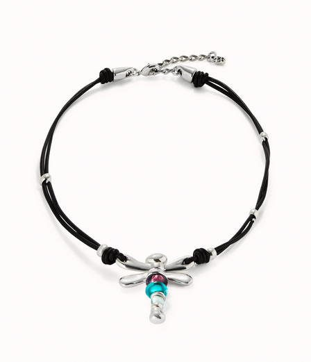 Collana UNOde50 di cuoio e libellula placcata argento sterling con cristalli Ref. COL1959